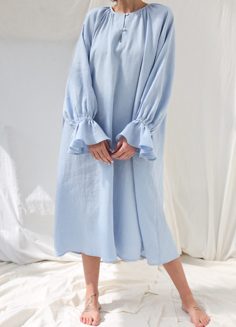 blue linen dress women Oversized with Voluminous Ruffled Sleeves it transitions seamlessly from